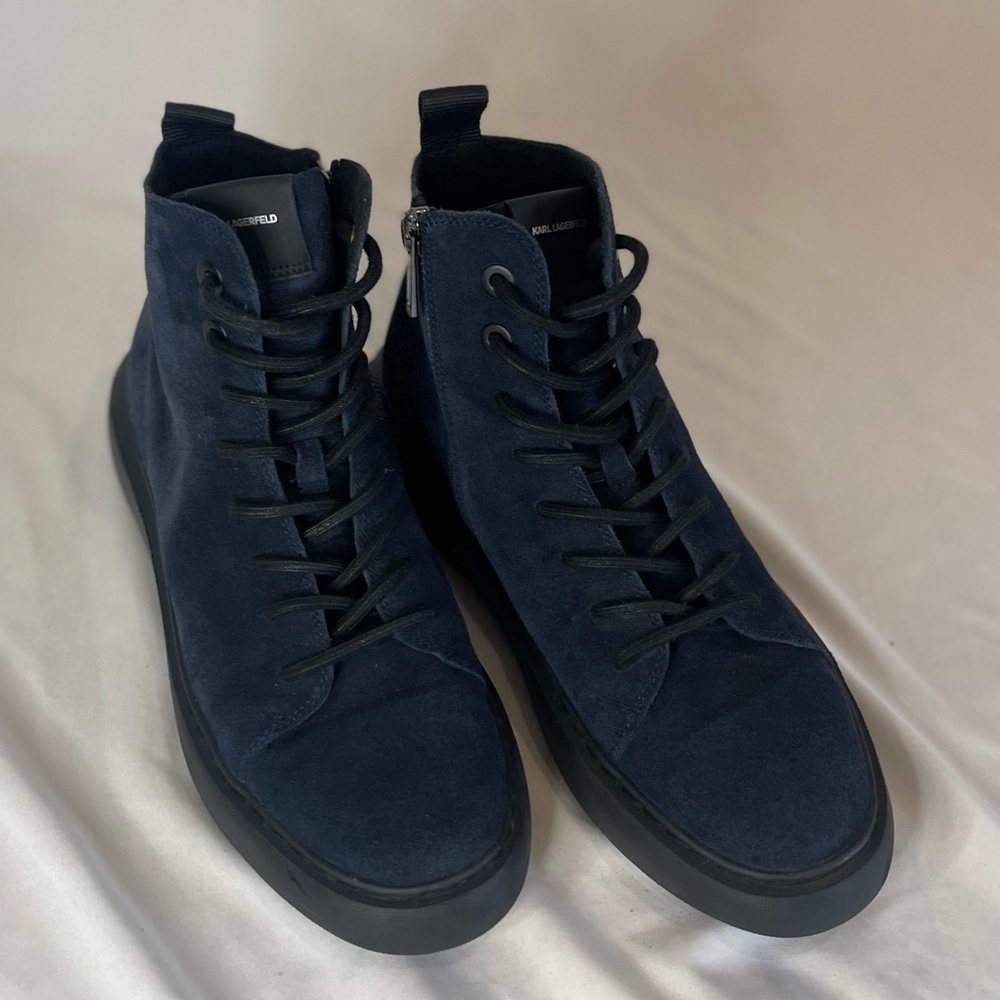 Karl Lagerfeld Paris Suede High Top Blue Lace Up Sneakers Side Zipper Size 9M - Picture 4 of 16